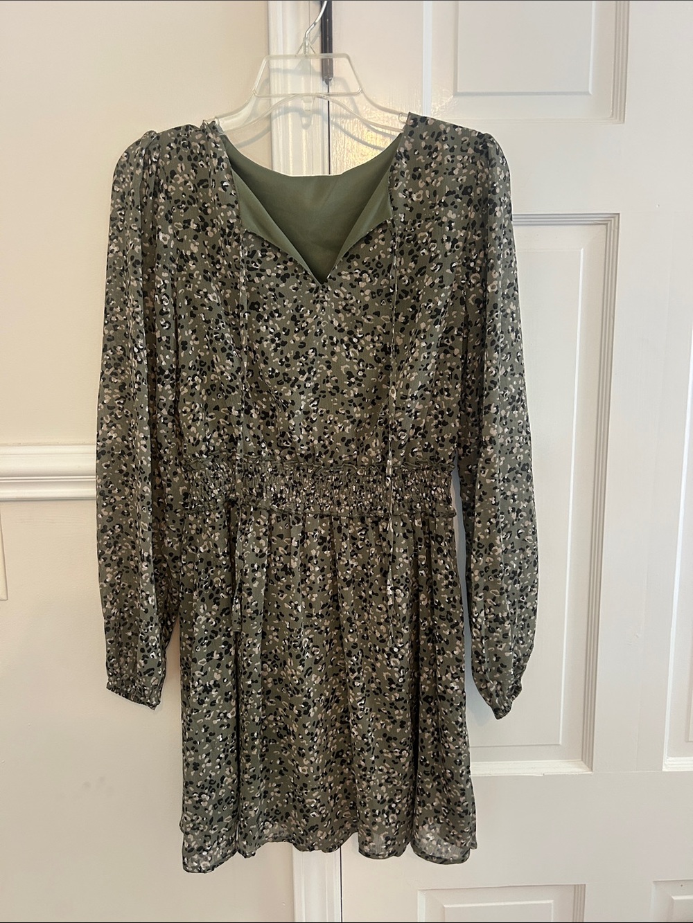 Olive Green Floral Long-Sleeve Smocked Waist Dress